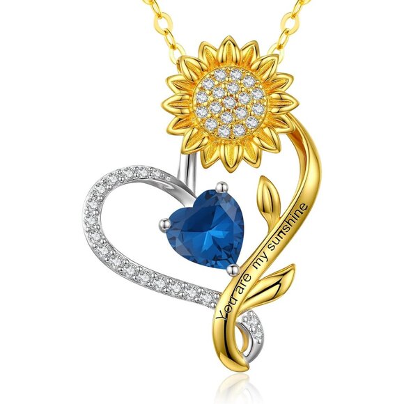 Sunflower Heart Birthstone Necklace 18K Gold Plated Sterling Silver Blue Topaz